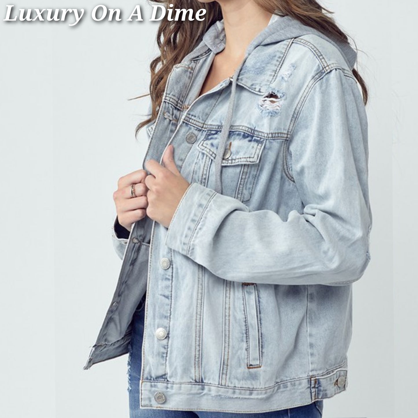 RISEN Hoodie Distressed Cotton Blue Jean Long Sleeve Collar Button-Up Denim Jacket