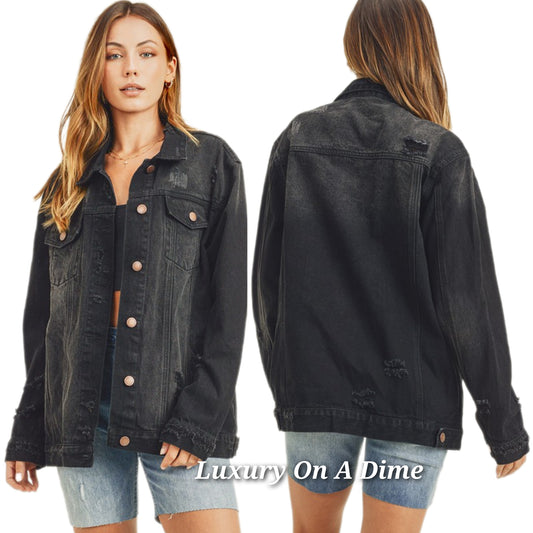 RISEN Distressed Cotton Denim Jean Jacket Long Sleeve Black Button-up Collar