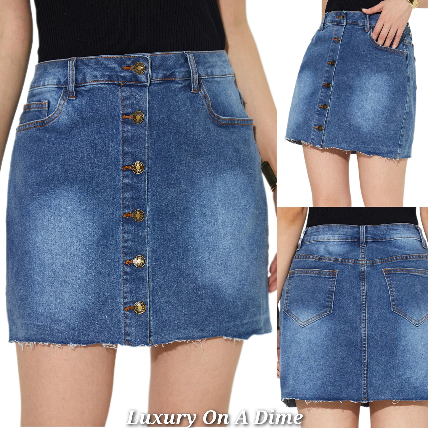 Retro Jean Skirt Button Fly Stone Wash Blue Denim Raw Hem Pocket Mini Skirt