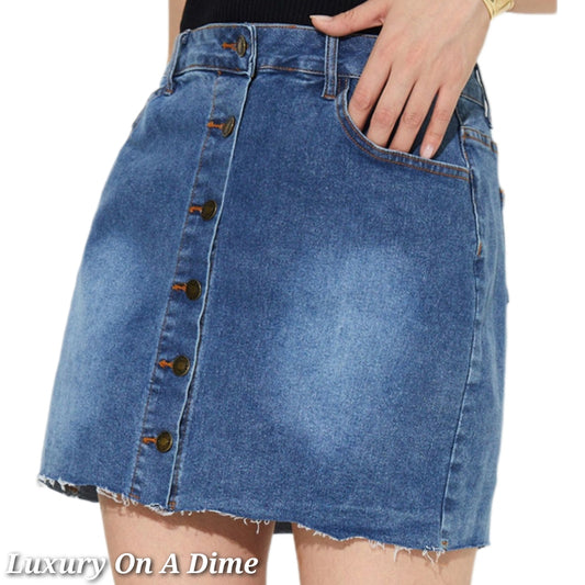 Retro Jean Skirt Button Fly Stone Wash Blue Denim Raw Hem Pocket Mini Skirt