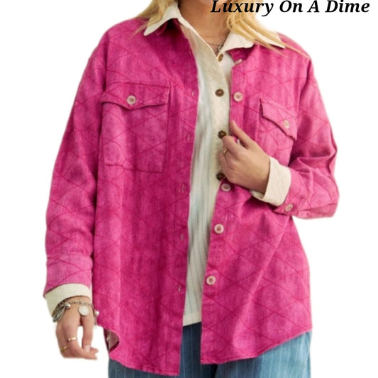 Davi & Dani Denim Shacket Diamond Quilt Stitching High Low Oversized Jean Shirt Jacket