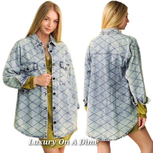 Davi & Dani Denim Shacket Diamond Quilt Stitching High Low Oversized Jean Shirt Jacket