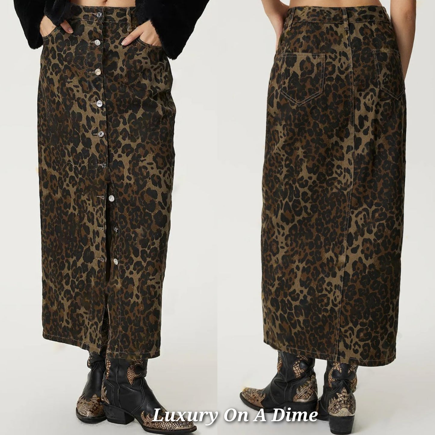 Leopard Denim Button-Up Straight Full-Length Long Pencil Jean Maxi Skirt Pockets