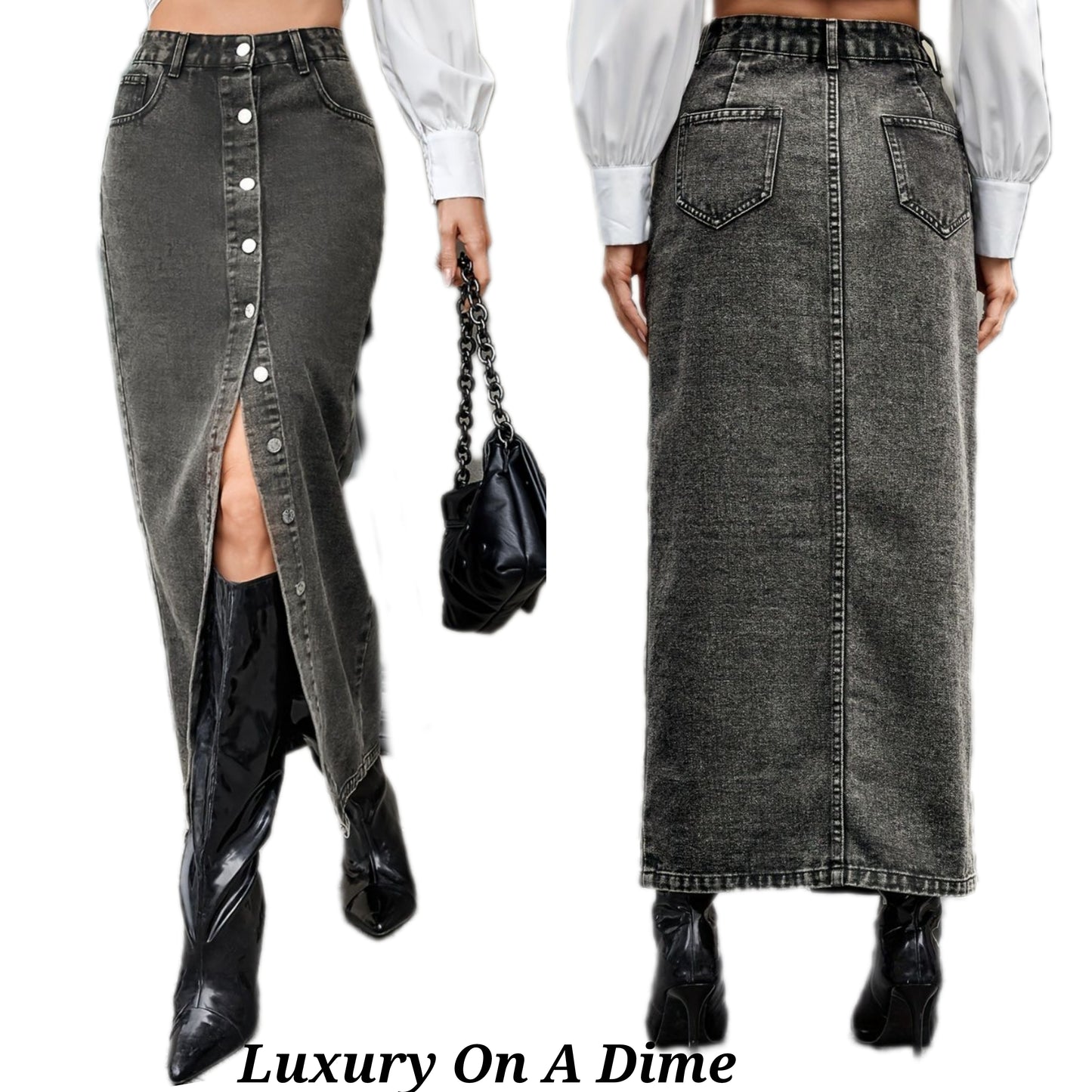 Gray Denim Button-Up Straight Full-Length Long Pencil Jean Maxi Skirt Pockets