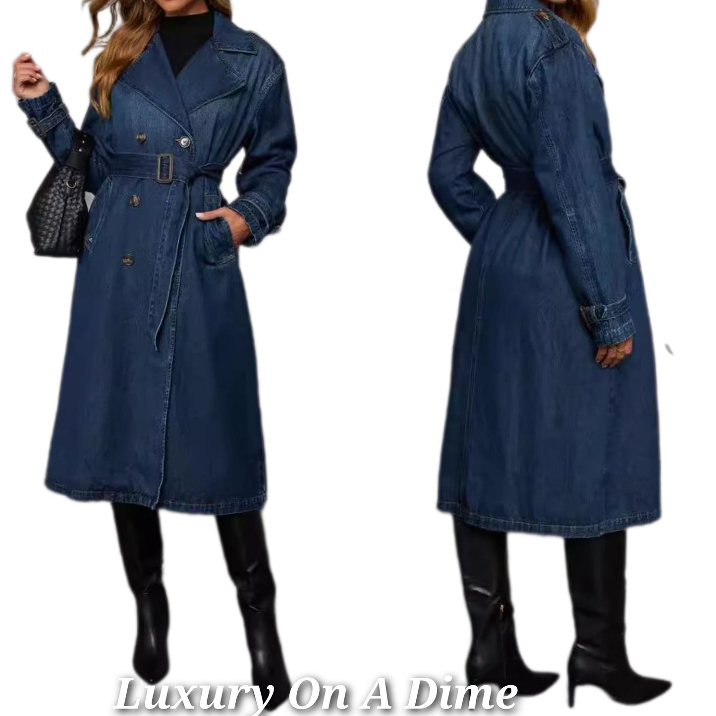 Denim Trench Coat Double Breasted Button-Up Collared Longline Belt Jean Jacket