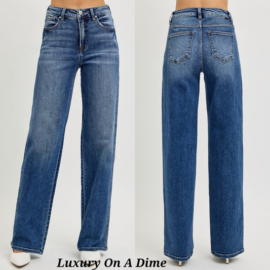 RISEN Tummy Control High-Rise Wide Leg Boyfriend Jeans Relaxed Fit Denim Pants