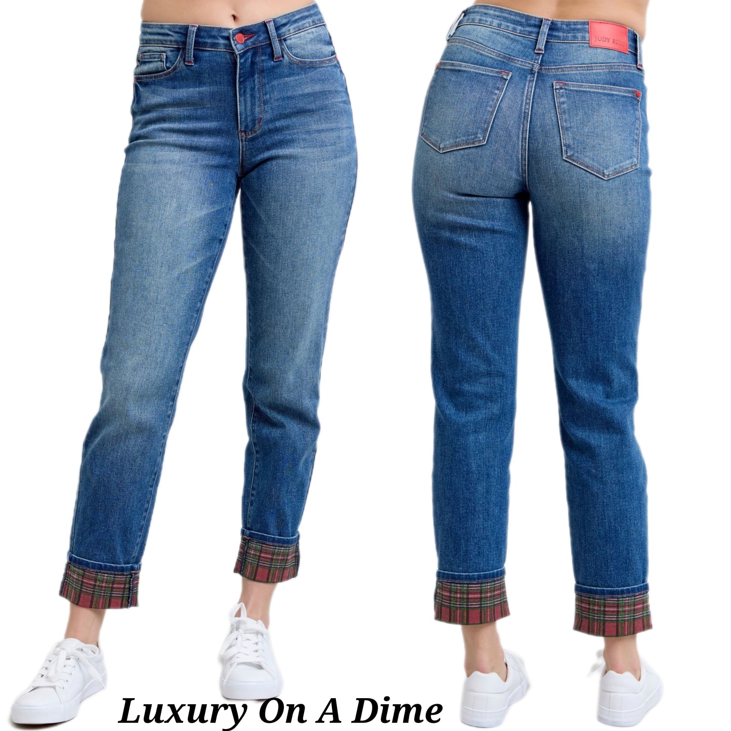 Judy Blue Red Plaid Cuffed High-Rise Straight Leg Cropped Jeans Limited Denim Pants