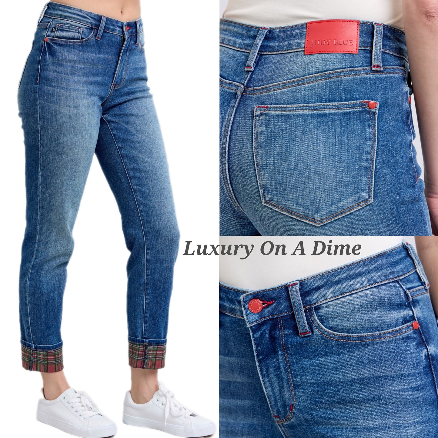 Judy Blue Red Plaid Cuffed High-Rise Straight Leg Cropped Jeans Limited Denim Pants