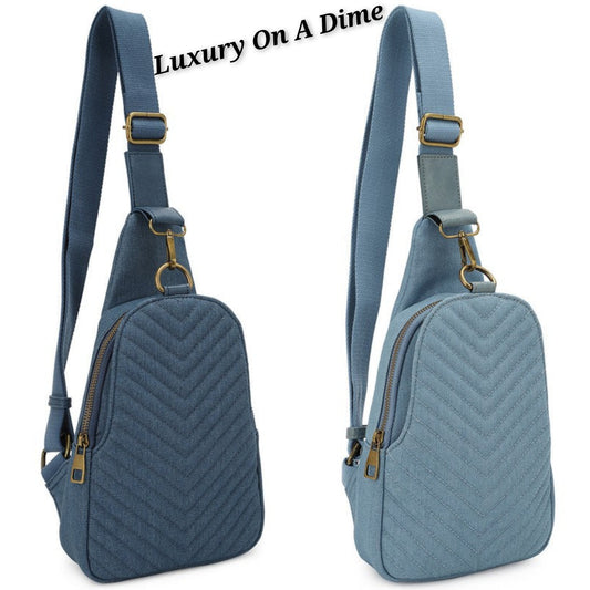 Quilted Chevron Denim Vegan Leather Crossbody Sling Shoulder Purse Convertible Bag