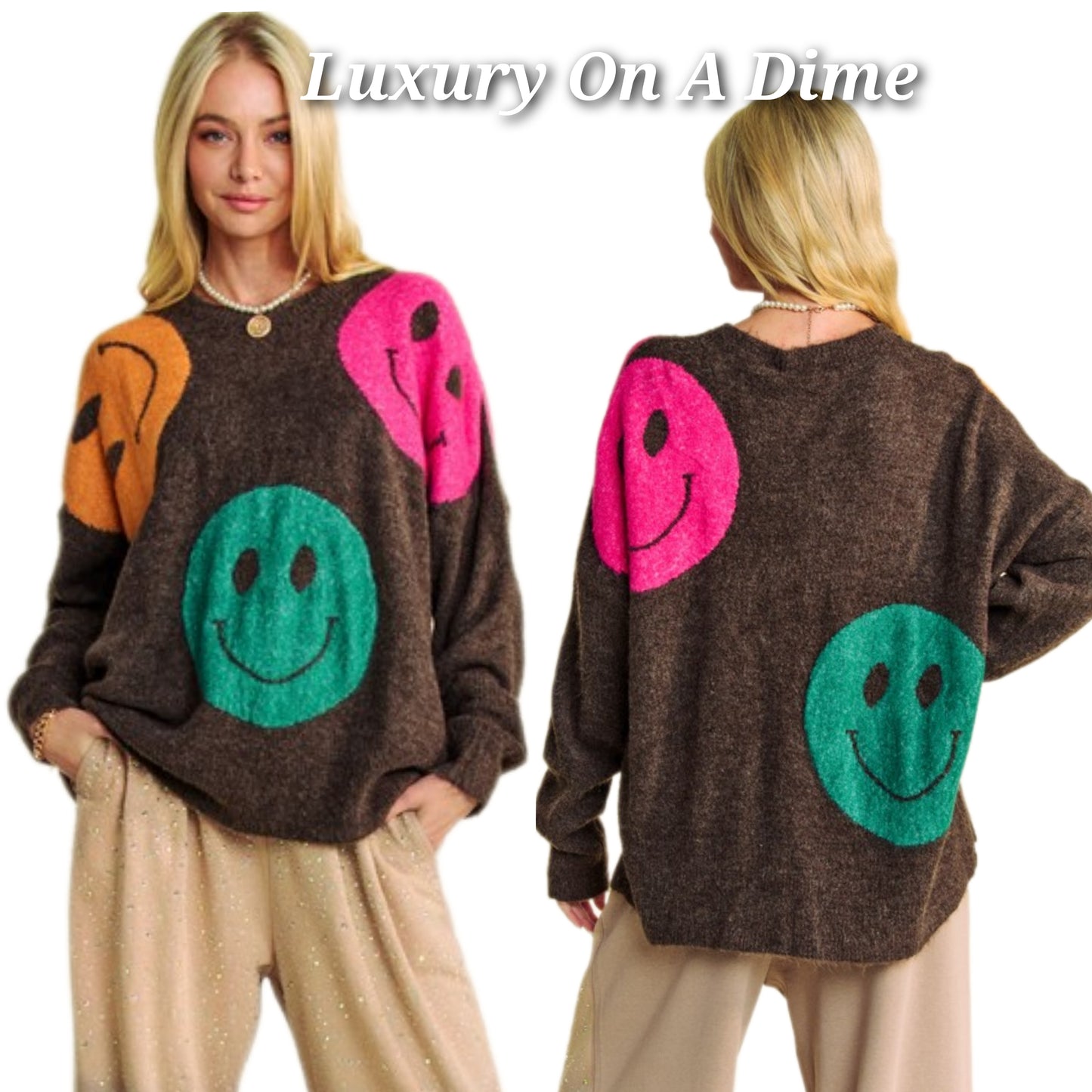 DAVI & DANI Knit Smiley Face Contrast Long Sleeve Oversized Pullover Sweater Top