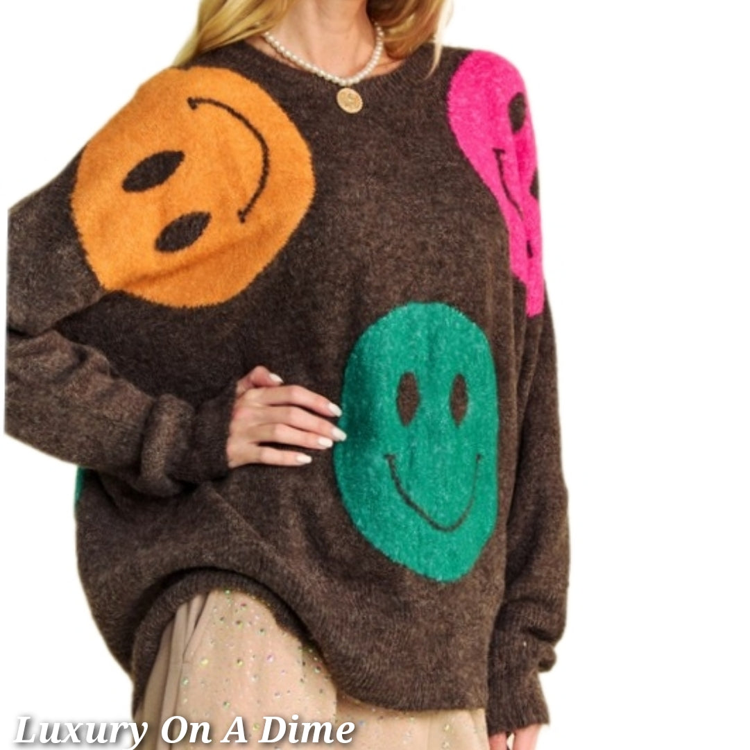 DAVI & DANI Knit Smiley Face Contrast Long Sleeve Oversized Pullover Sweater Top