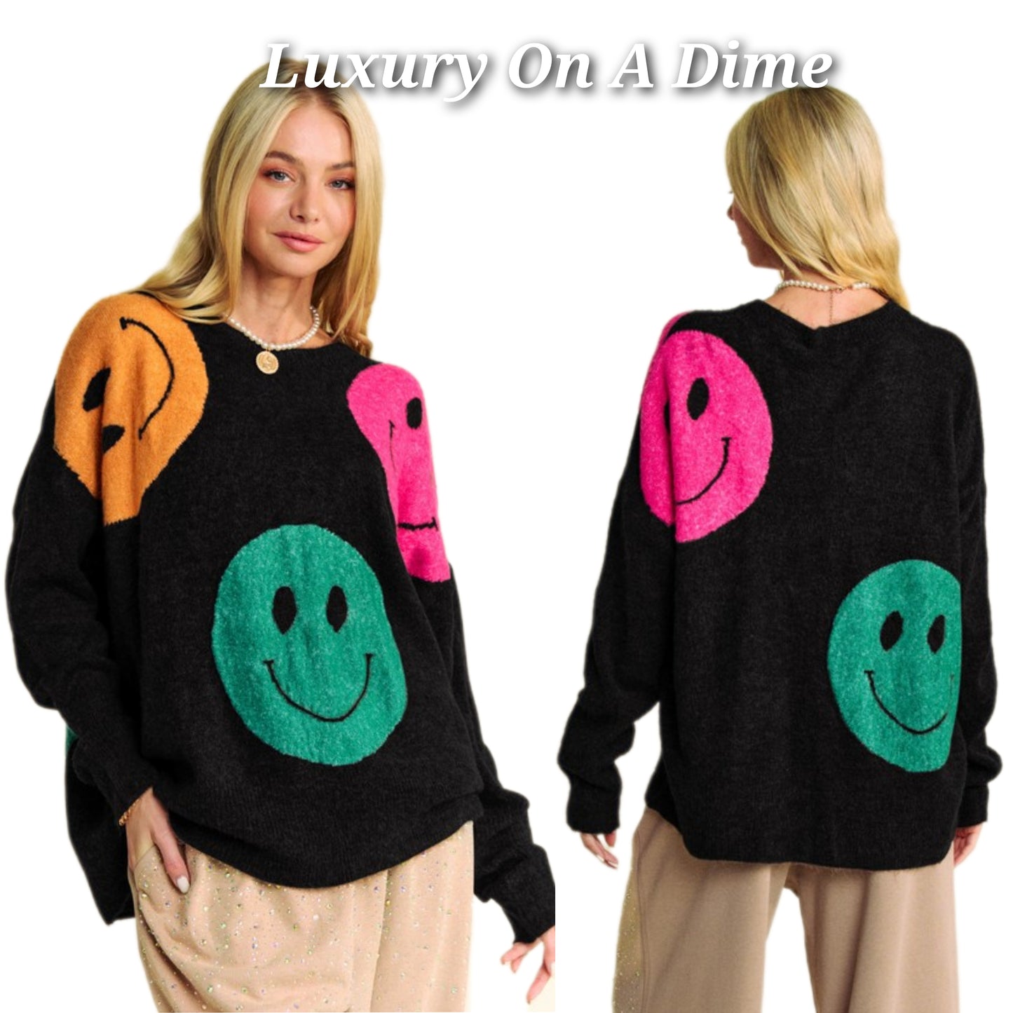 DAVI & DANI Knit Smiley Face Contrast Long Sleeve Oversized Pullover Sweater Top