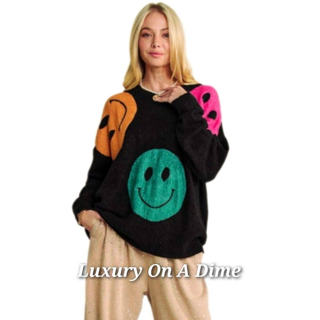 DAVI & DANI Knit Smiley Face Contrast Long Sleeve Oversized Pullover Sweater Top