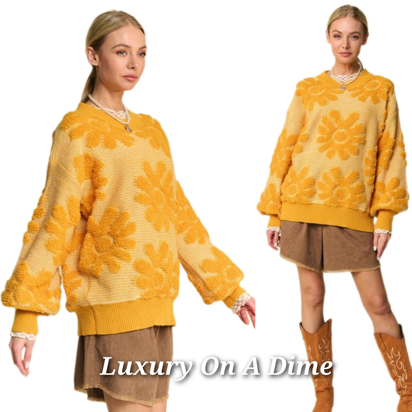 DAVI & DANI French Terry Daisy Knit Long Sleeve Shirt Oversized Retro Pullover Top