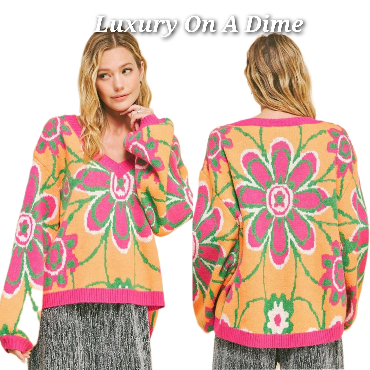 DAVI & DANI Retro Floral Bright Neon Long Sleeve Oversized Pullover Sweater Top