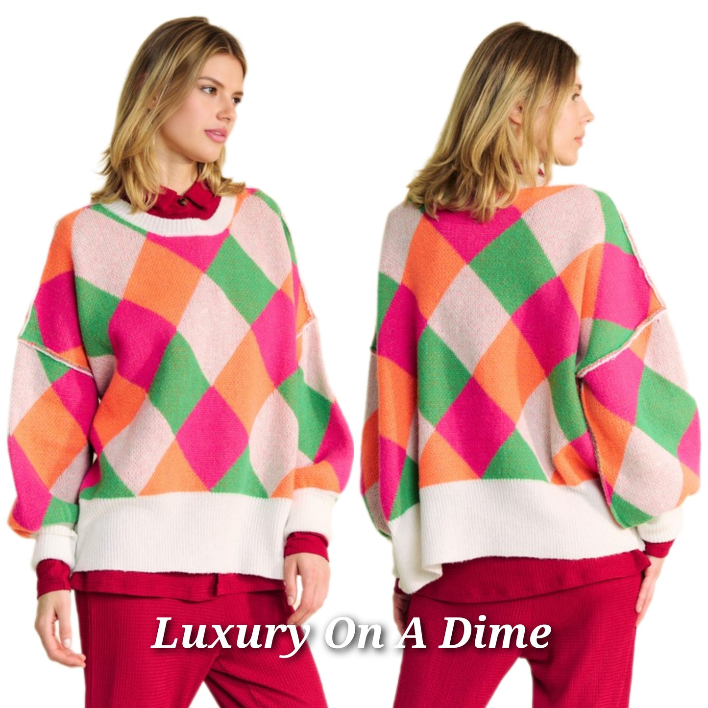 DAVI & DANI Retro Neon Diamond Stripe Long Sleeve Oversized Pullover Sweater Top