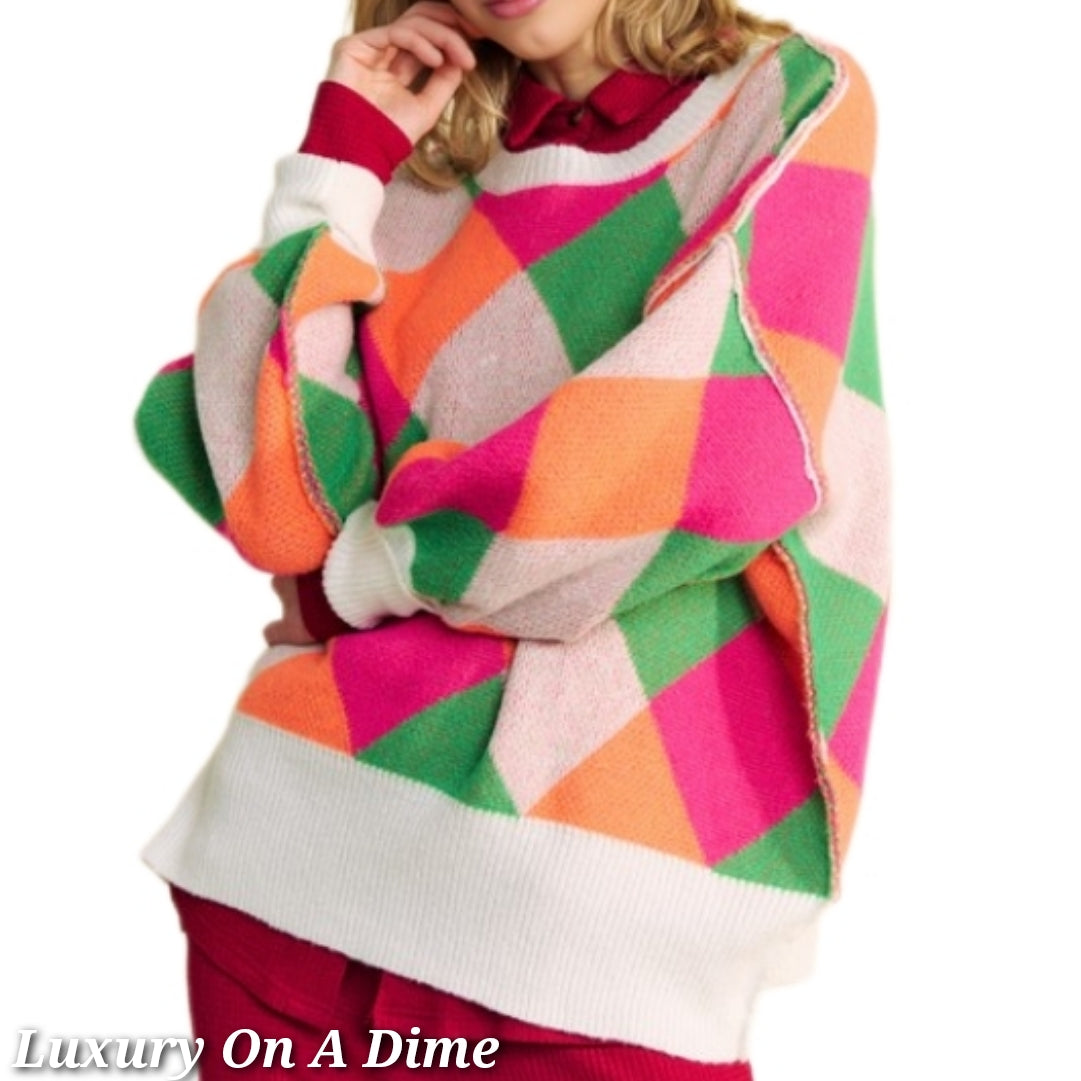 DAVI & DANI Retro Neon Diamond Stripe Long Sleeve Oversized Pullover Sweater Top