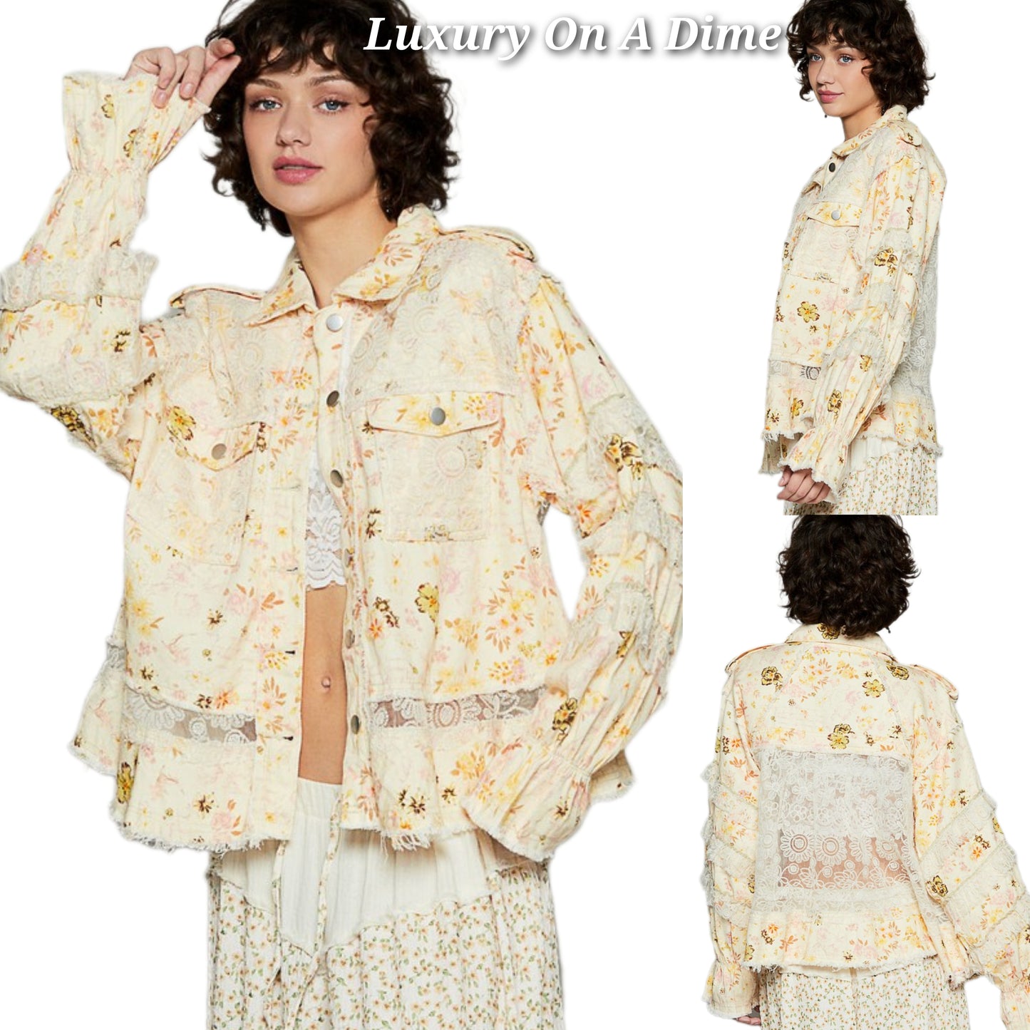 POL Lace Jacket Granny Floral Cotton Boho Patchwork Raw Hem Button Shacket