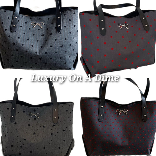 Large Purse Carry All Bow Tie Canvas Tote Shoulder Bag Polka-dot Open Handbag