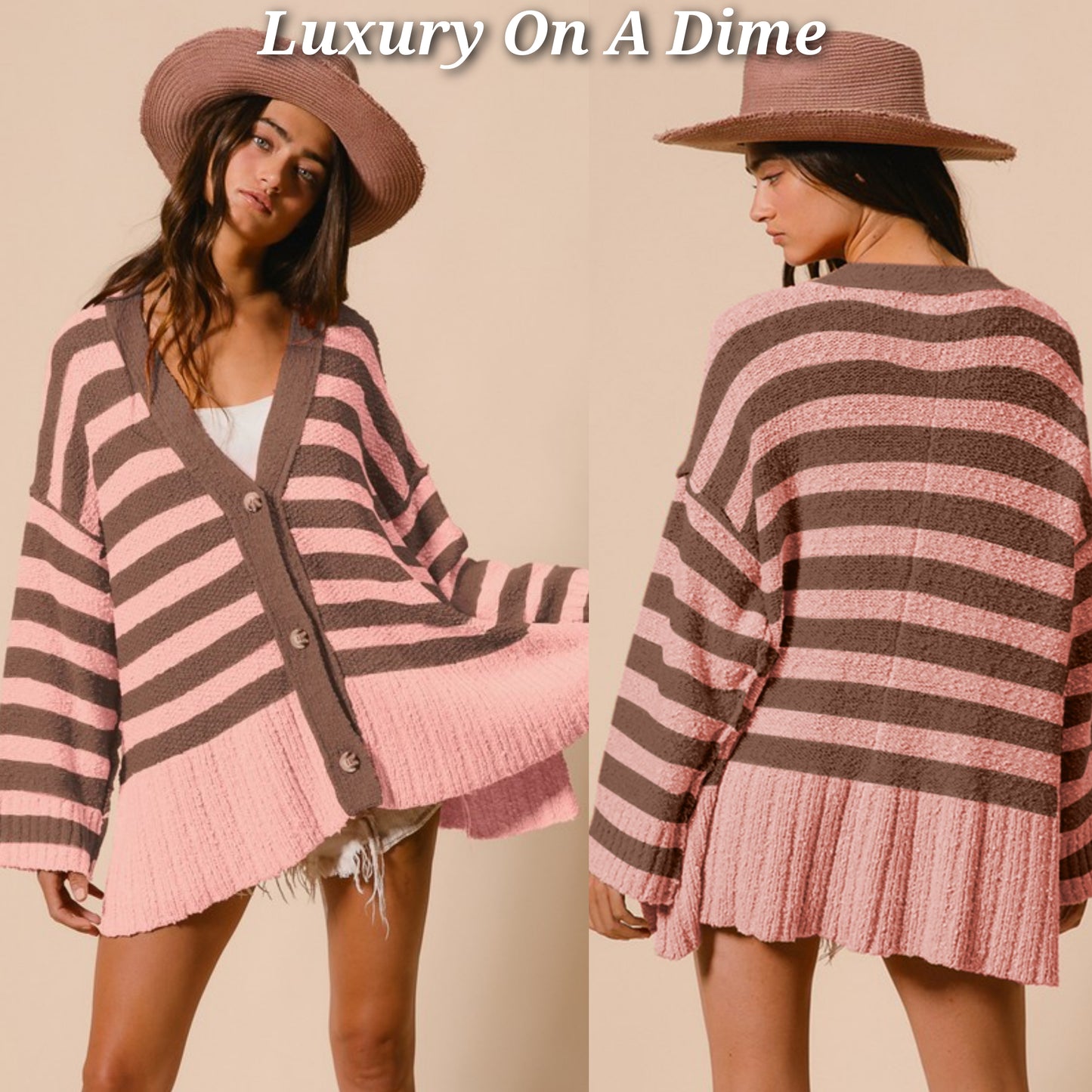 BiBi Oversized Knit Cardigan Slit Side Long Sleeve Stripe Soft Button-Up Sweater