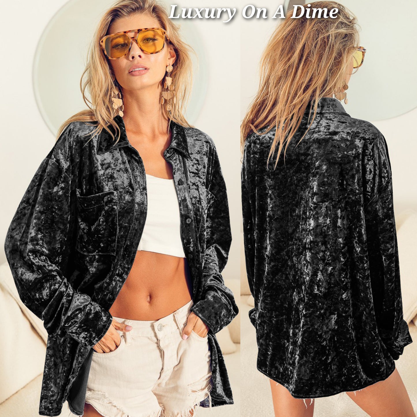 BiBi Velvet Shacket Collar Button-Up Top Long Sleeve Oversized Shirt Jacket Pockets