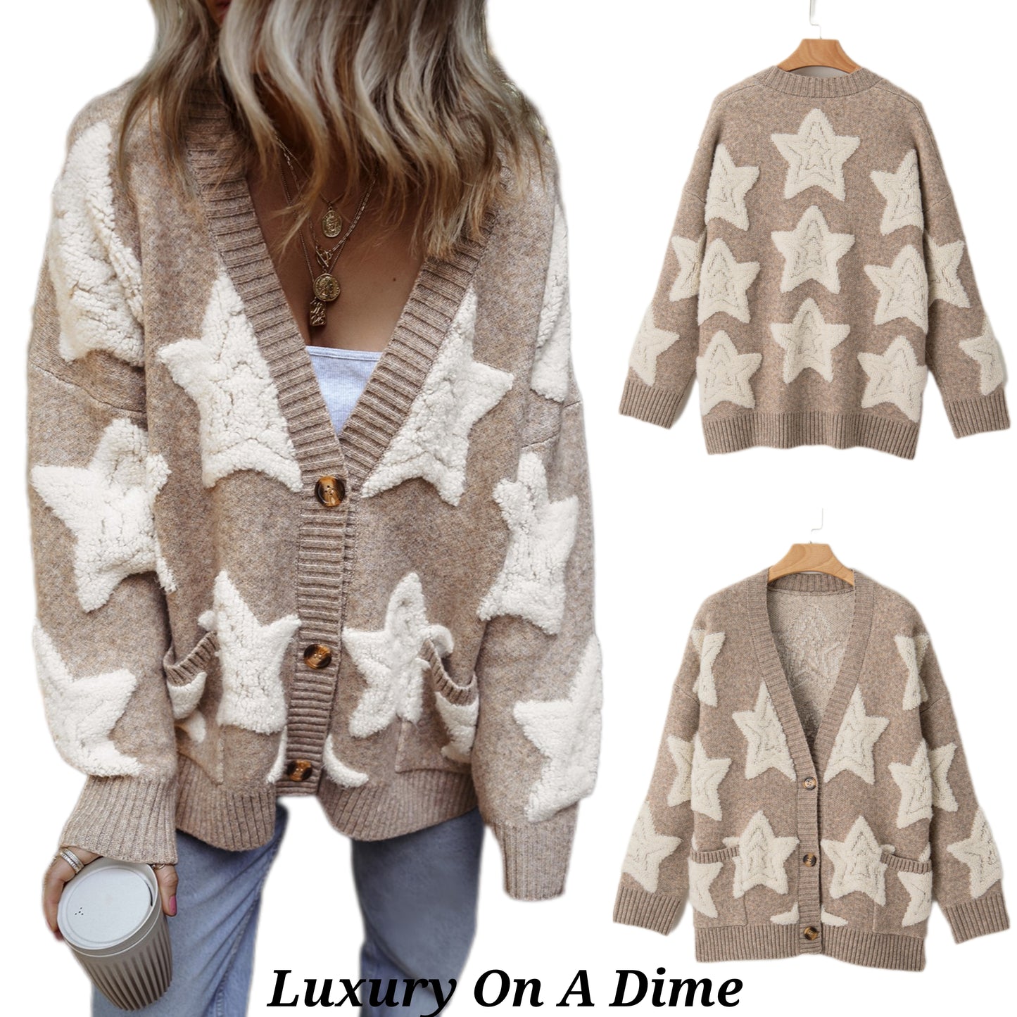 Teddy Sherpa Fuzzy Terry Star Knit Cardigan Long Sleeve Oversized Retro Varsity Button Sweater