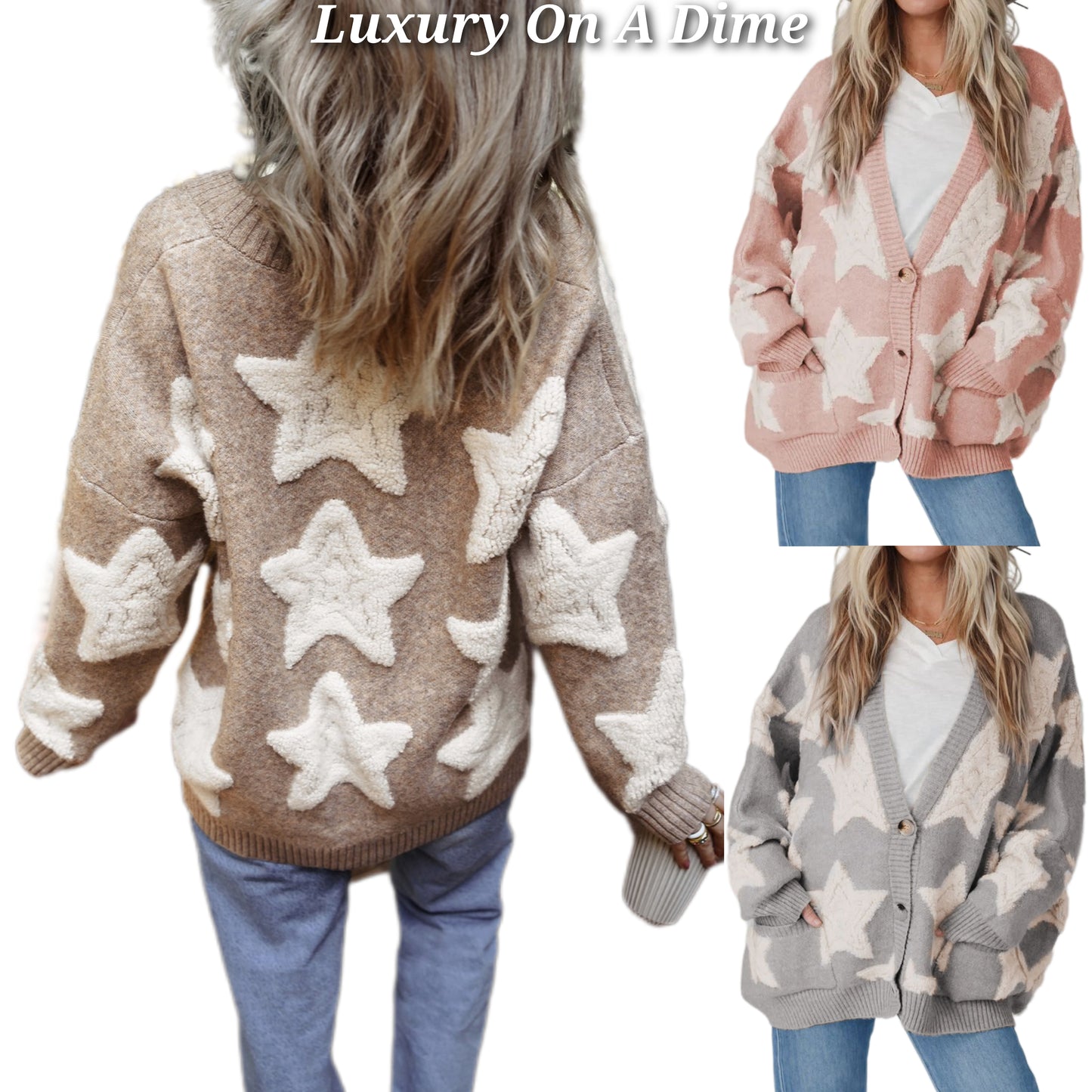 Teddy Sherpa Fuzzy Terry Star Knit Cardigan Long Sleeve Oversized Retro Varsity Button Sweater