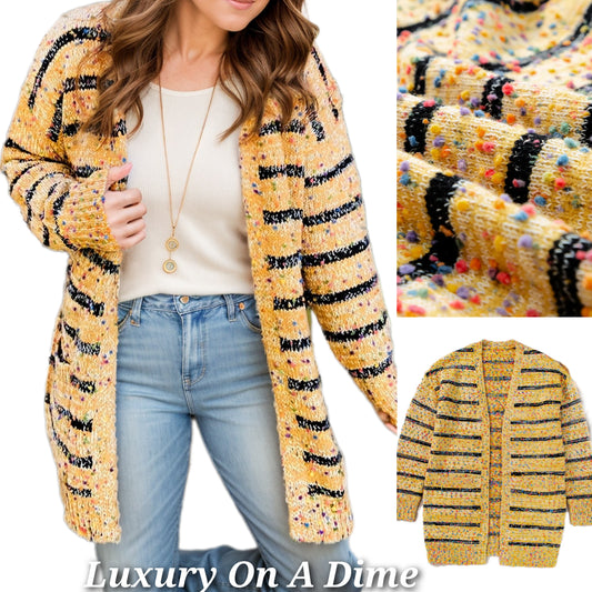 Colorful Popcorn Knit Longline Cardigan Long Sleeve Stripe Pocket Open Front Sweater