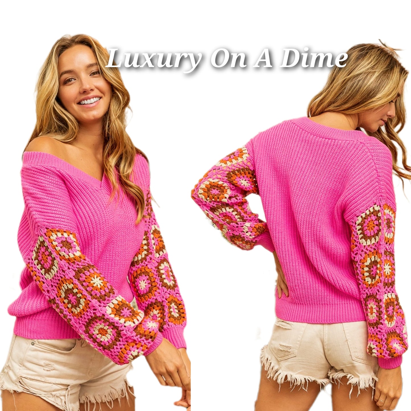 BiBi Crochet Granny Square Top Pullover Sweater Rib Knit Long Sleeve V-neck Shirt