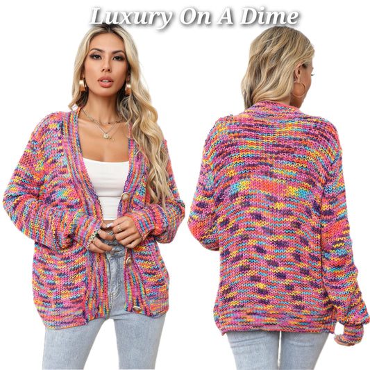 Bright Colorful Knit Long Sleeve V-neck Patck Pocket Cardigan Button-Up Sweater