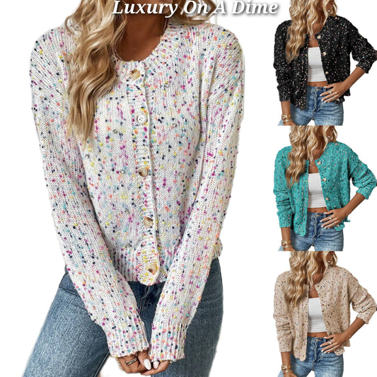 Colorful Popcorn Confetti Knit Cardigan Long Sleeve Round Neck Button-Up Sweater