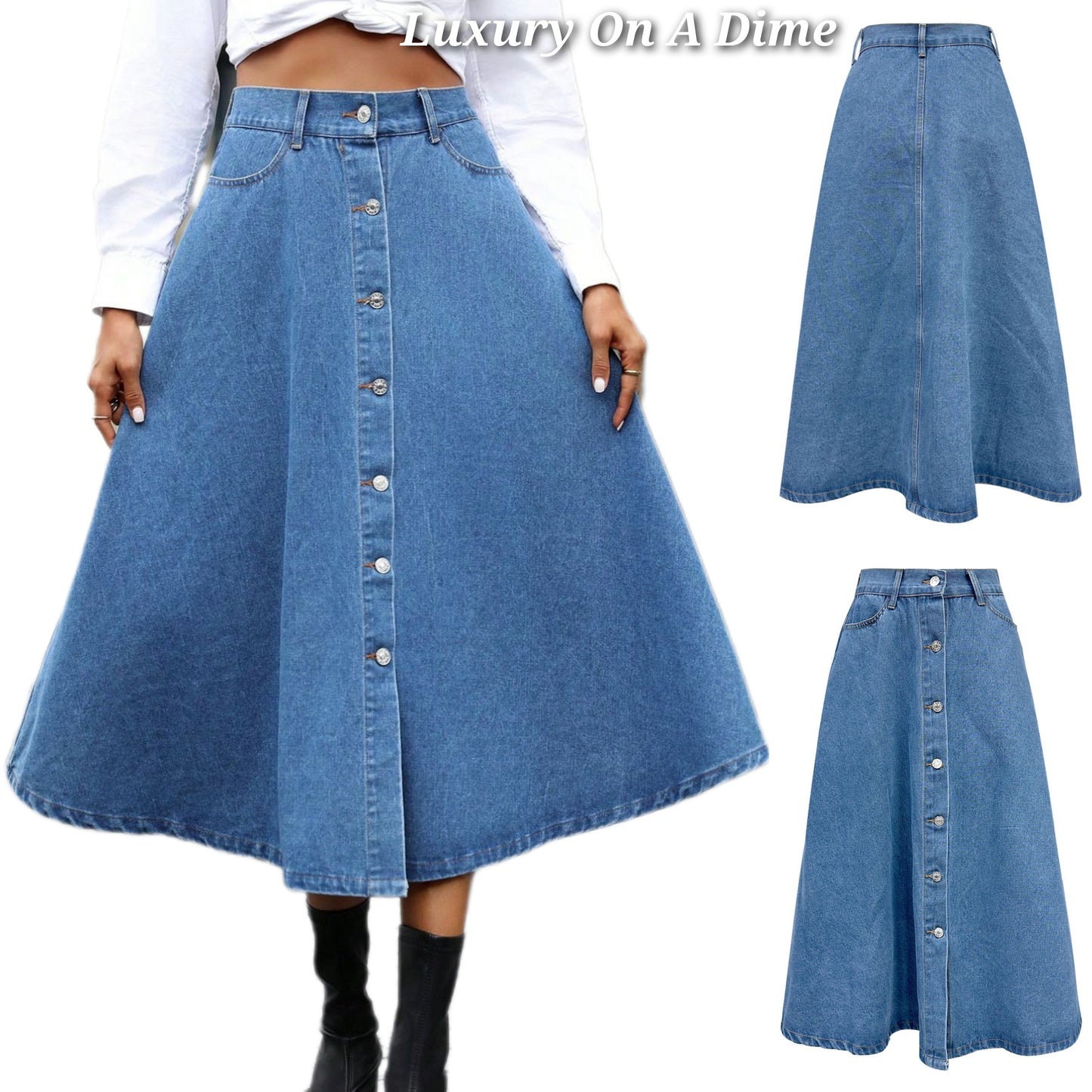 Retro High-Rise Midi Button Front Flare A-line Poque Blue Jean Circle Denim Skirt Pockets