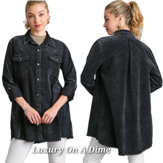 Umgee Denim Shacket Pocket Raw Hem Oversized Boyfriend Button Jean Shirt Jacket