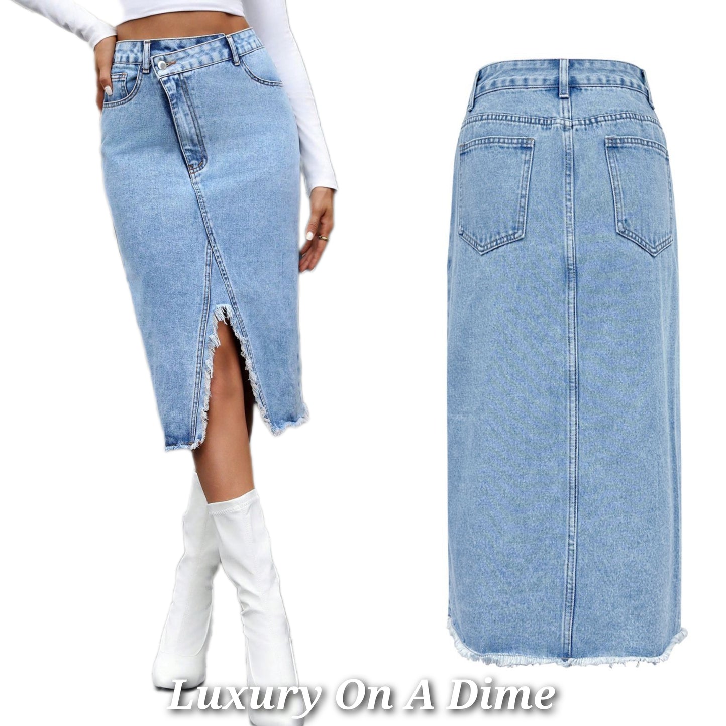 Asymmetrical High-Rise Distressed Cut Denim Frayed Retro Blue Jean Midi Skirt