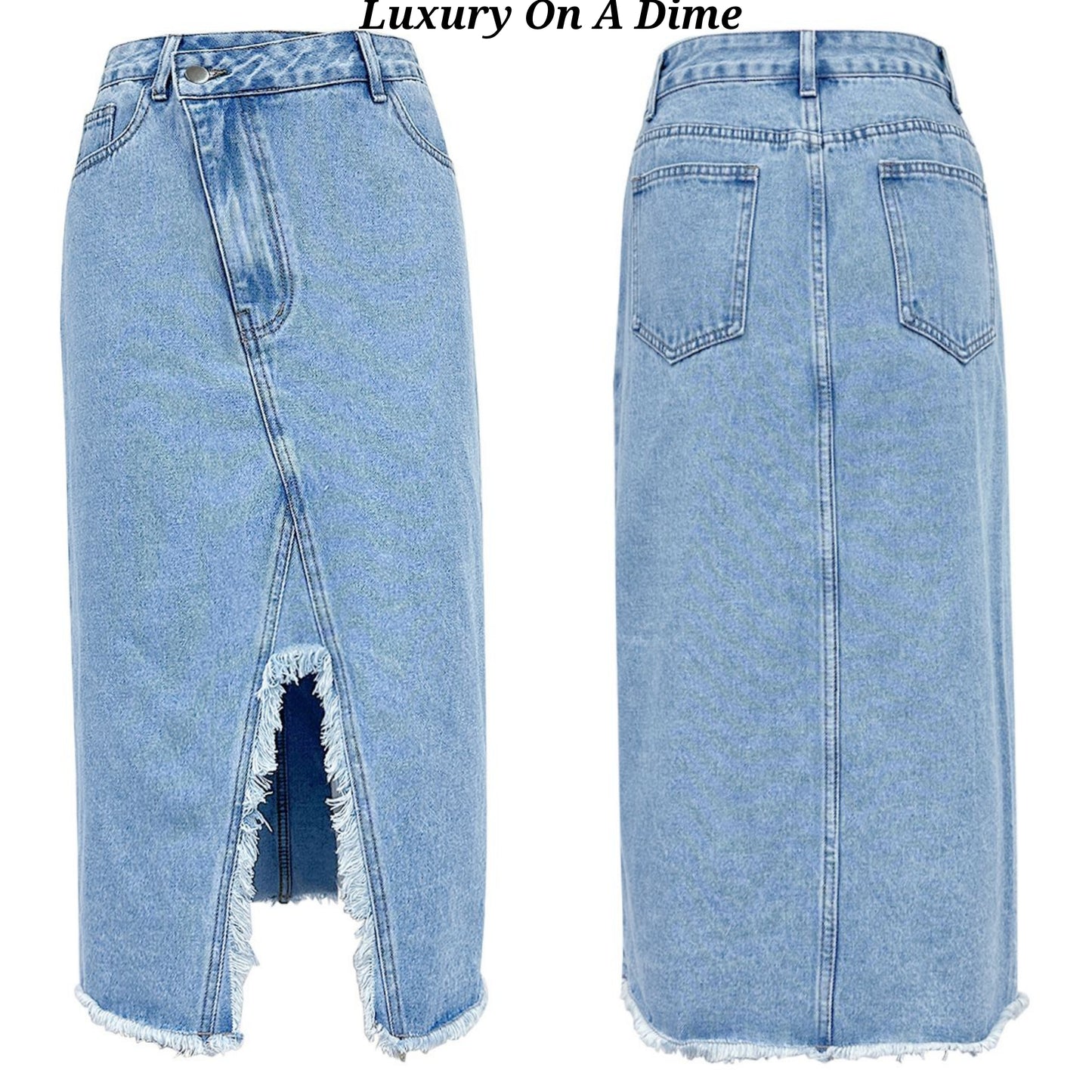 Asymmetrical High-Rise Distressed Cut Denim Frayed Retro Blue Jean Midi Skirt