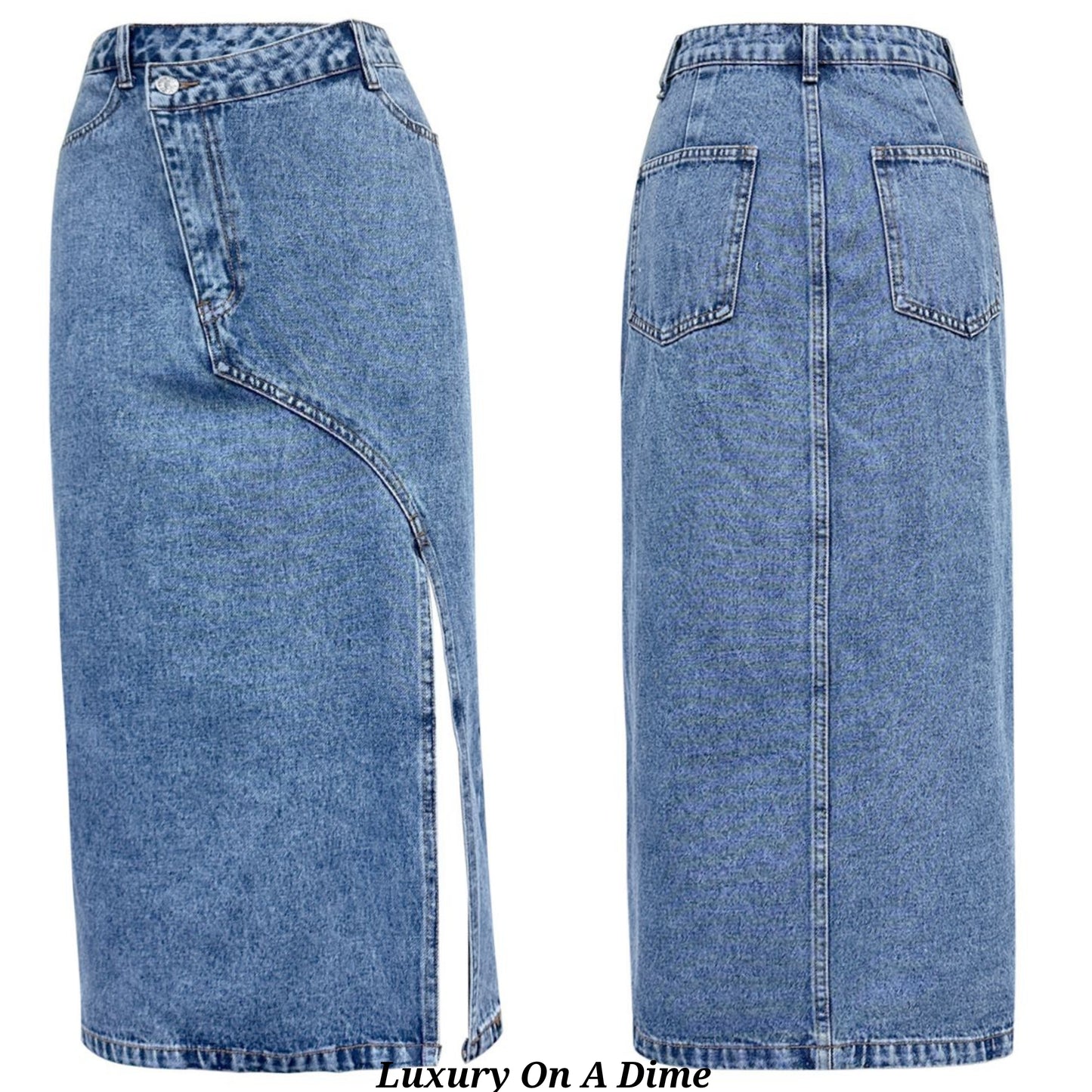 Asymmetrical High-Rise Waist Side Slit Bent Seam Denim Retro Blue Jean Midi Skirt