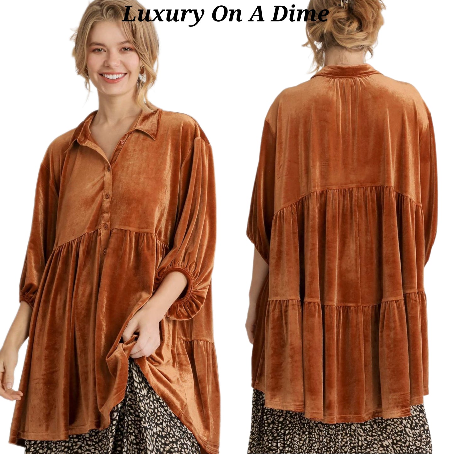 Umgee Velvet Boho Oversized Top Peplum Babydoll Tunic Shirt Velour Tiered Blouse