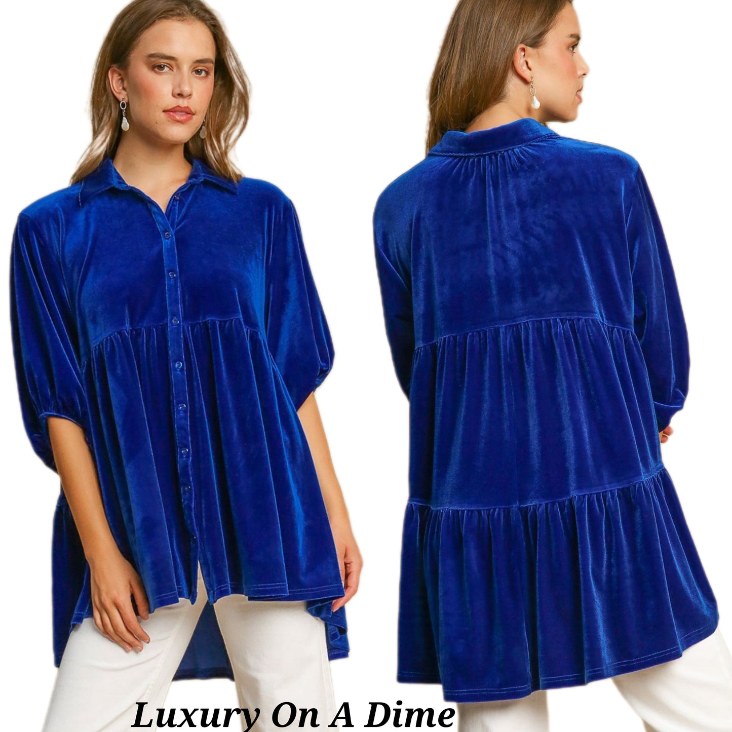 Umgee Velvet Boho Oversized Top Peplum Babydoll Tunic Shirt Tiered Velour Blouse