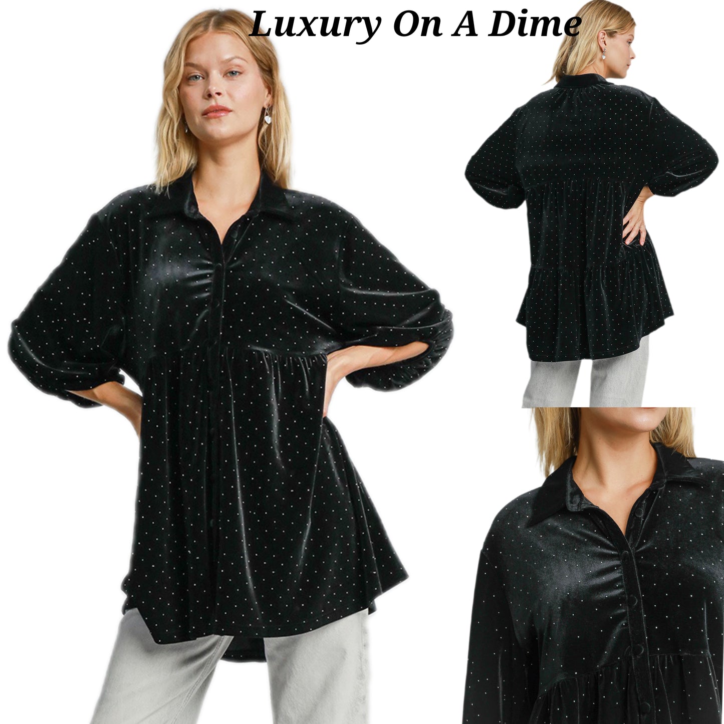 Umgee Velour Polka-dot Boho Oversized Top Peplum Babydoll Shirt Velour Blouse