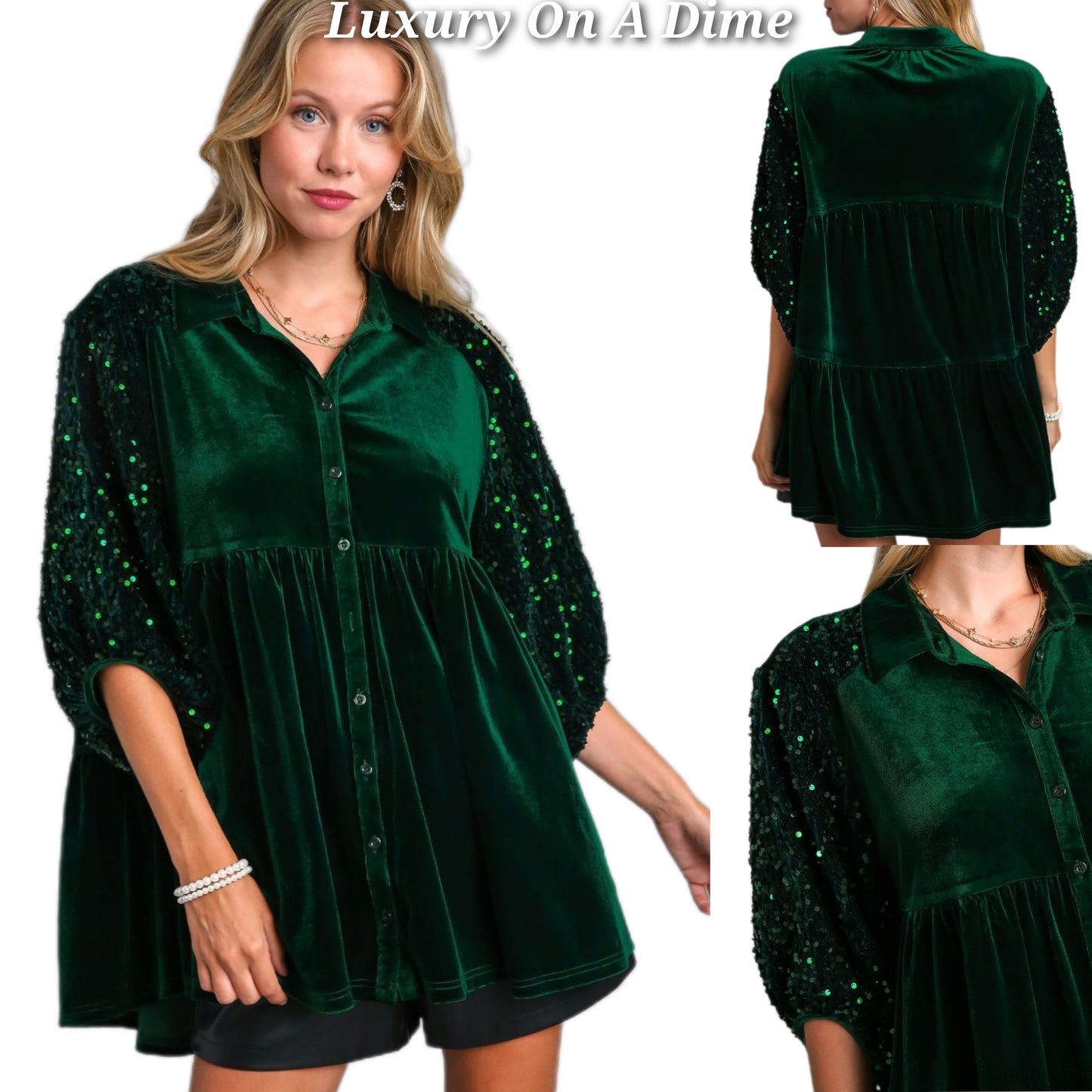 Umgee Sequin Velour Boho Oversized Tunic Top Babydoll Button-Up Shirt Velvet Blouse