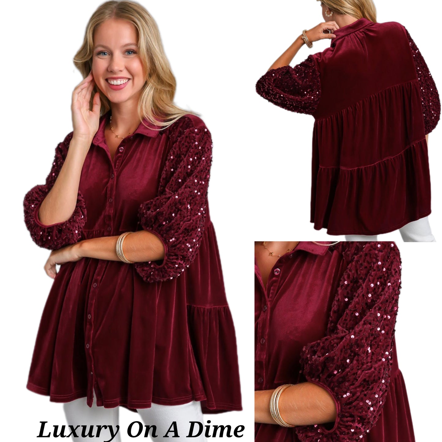 Umgee Sequin Velour Boho Oversized Tunic Top Babydoll Button-Up Shirt Velvet Blouse