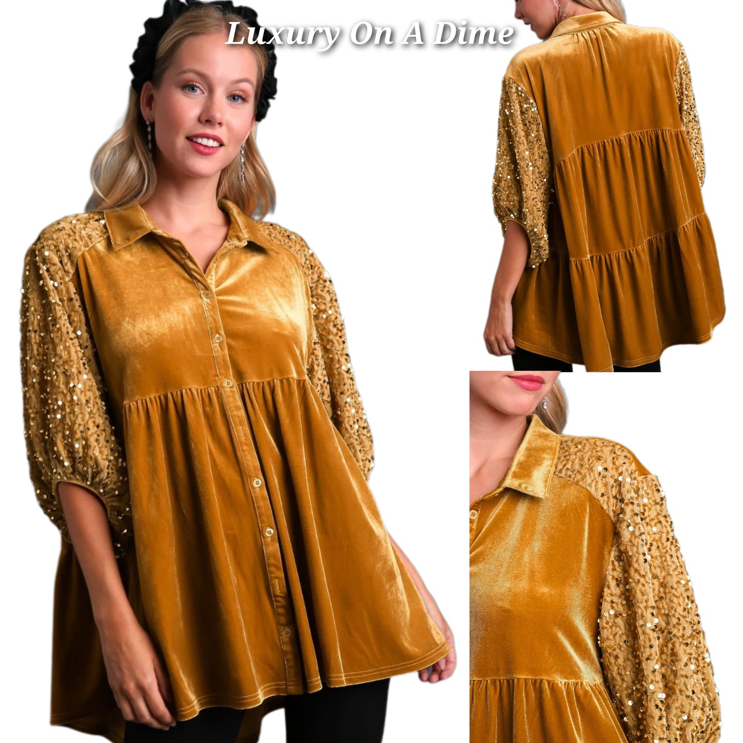 Umgee Sequin Velour Boho Oversized Tunic Top Babydoll Button-Up Shirt Velvet Blouse