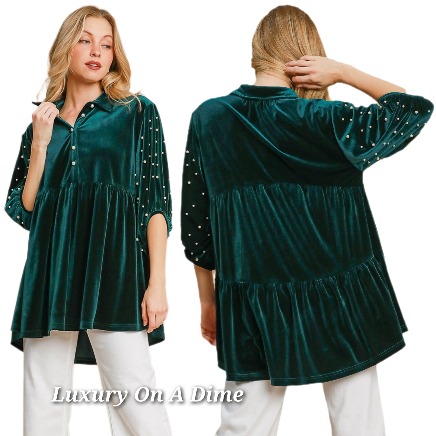 Umgee Pearl Velour Boho Oversized Tunic Top Babydoll Button Shirt Velvet Blouse