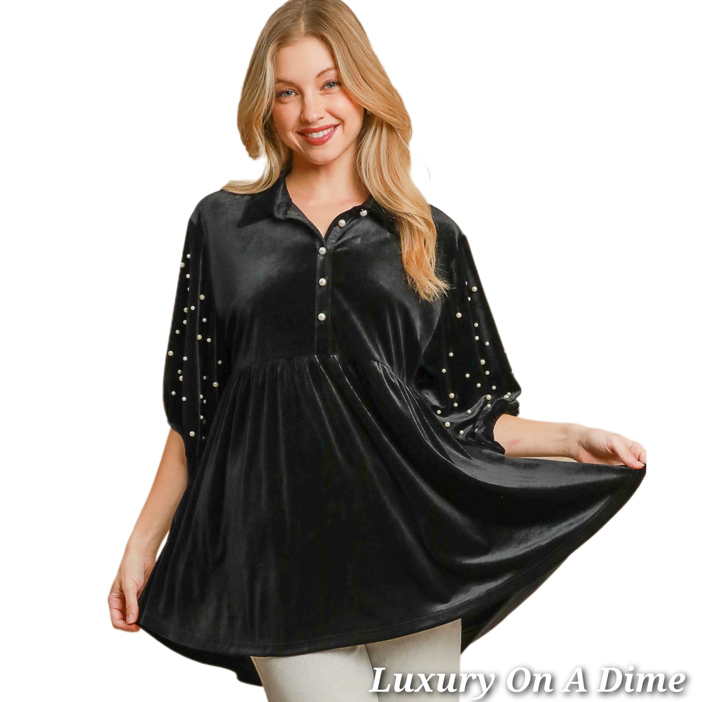 Umgee Pearl Velour Boho Oversized Tunic Top Babydoll Button Shirt Velvet Blouse