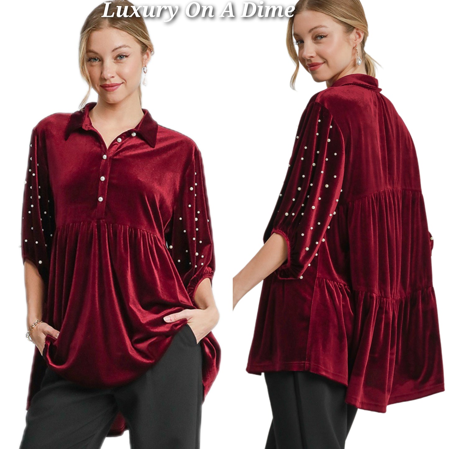 Umgee Pearl Velour Boho Oversized Tunic Top Babydoll Button Shirt Velvet Blouse