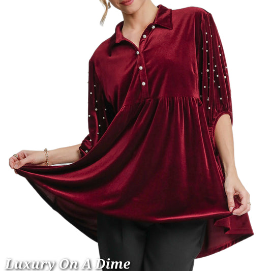 Umgee Pearl Velour Boho Oversized Tunic Top Babydoll Button Shirt Velvet Blouse