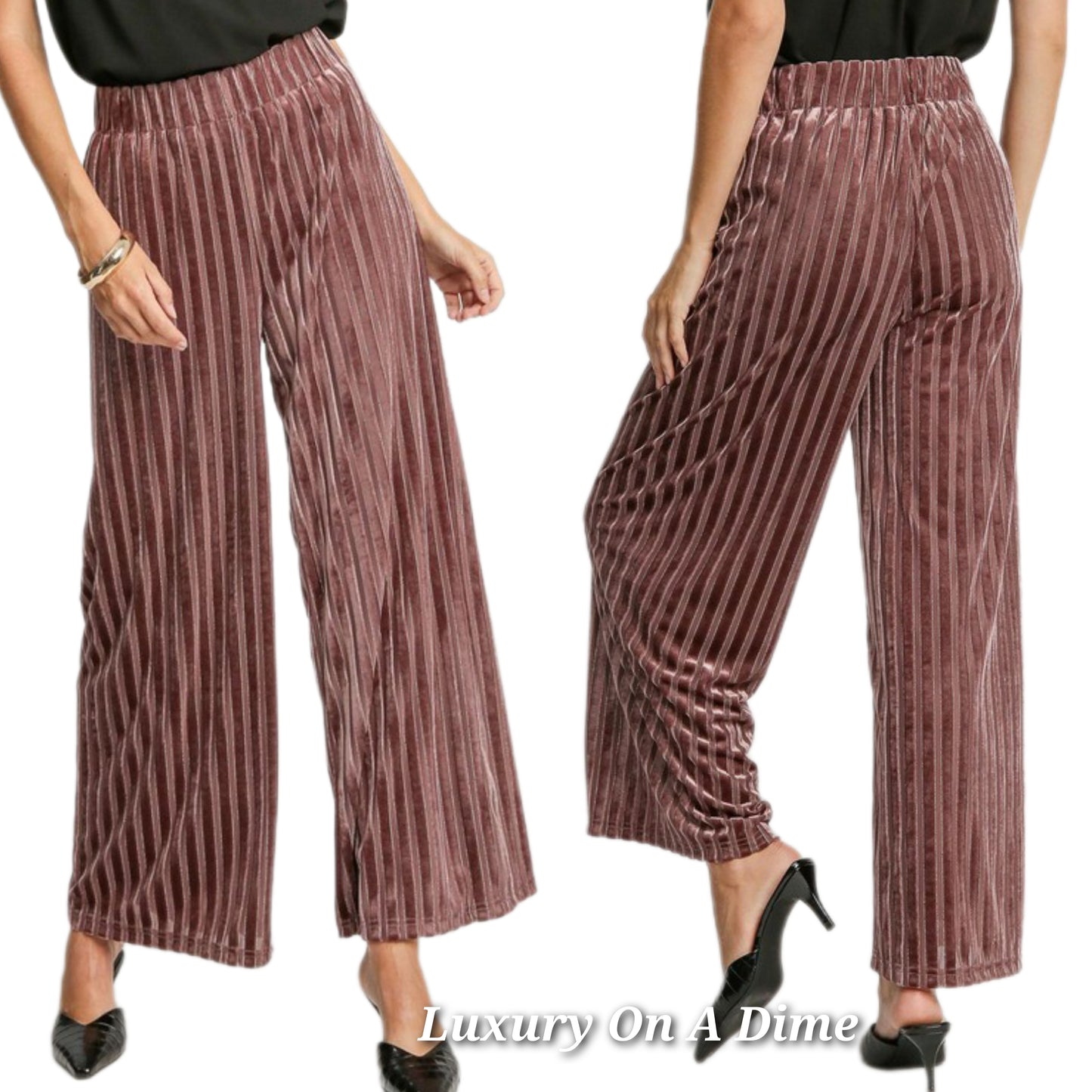 Umgee Velvet High-Rise Retro Pants Wide Leg Boho 70s Metallic Stripe Elastic Waist