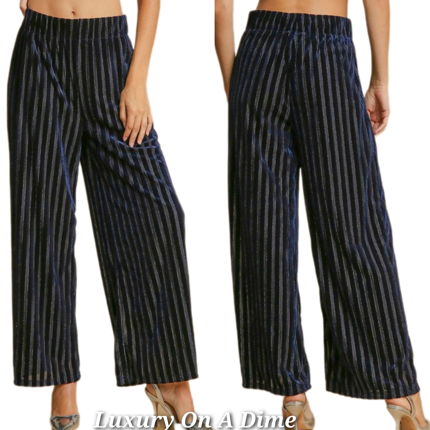 Umgee Velvet High-Rise Retro Pants Wide Leg Boho 70s Metallic Stripe Elastic Waist