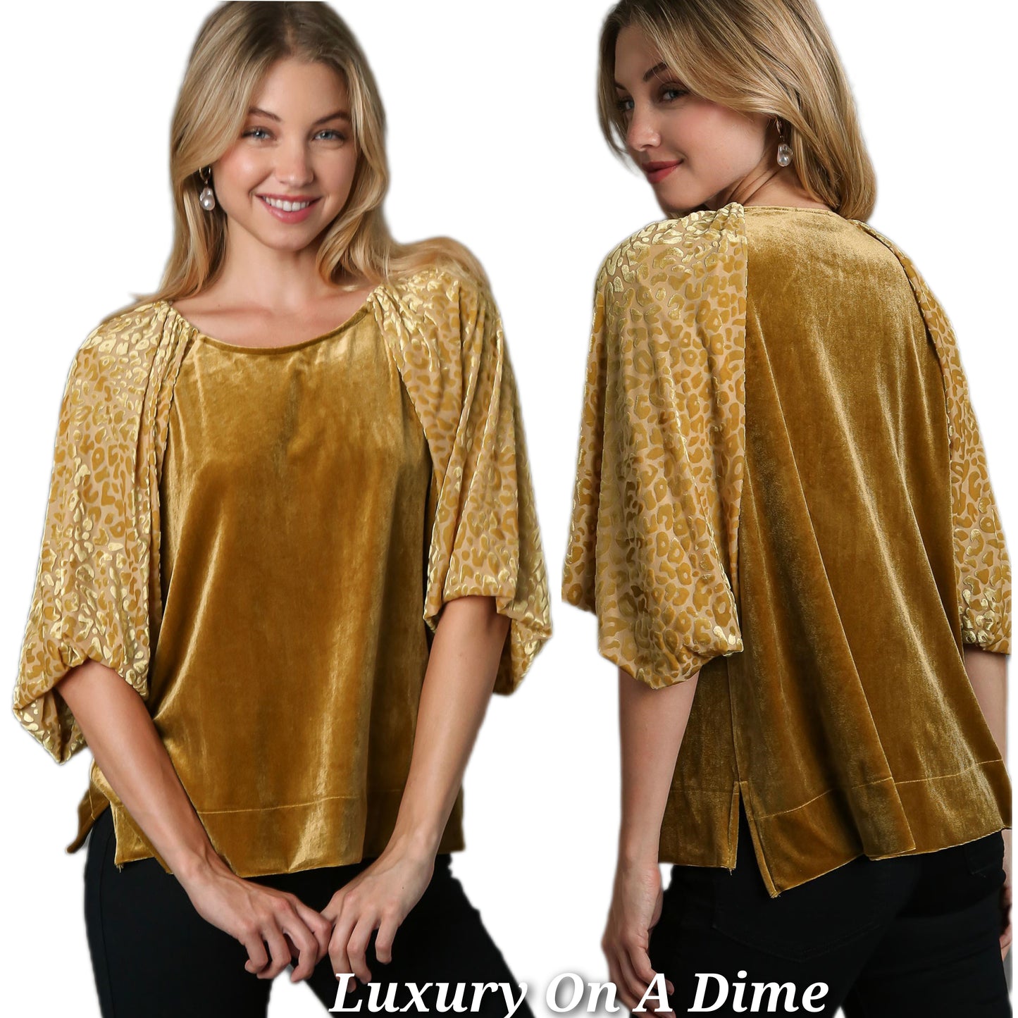 Umgee Leopard Velvet Sheer Balloon Half Sleeve Shirt Split Side Top High-Low Blouse