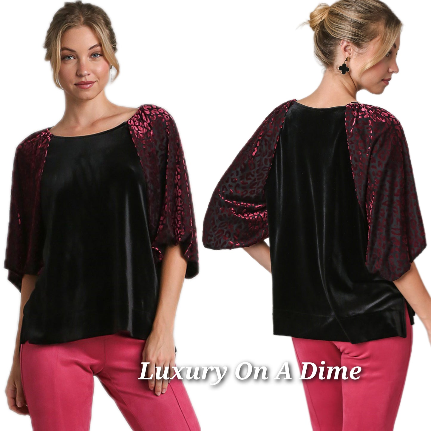 Umgee Leopard Velvet Sheer Balloon Half Sleeve Shirt Split Side Top High-Low Blouse